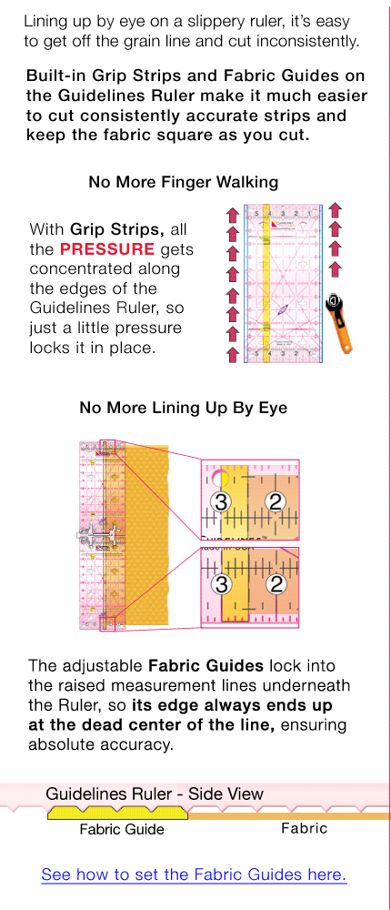 Built-in Fabric Guides and Grip Strips on Guidelines Rulers by Guidleines4Quilting