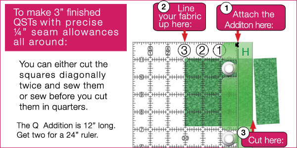 How to use the Q Addition to make Quarter Square Triangles by Guidelines4Quilting