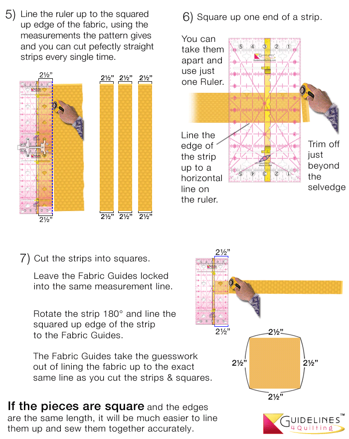 How to cut strips and squares using Guidelines Rulers by Guidelines4Quilting
